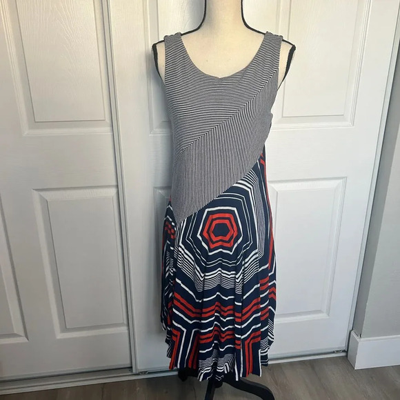 Maeve Anthropologie Cameron Blue Stripe Orange Midi Swing Dress Geometric Medium - Picture 1 of 7